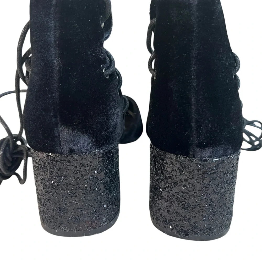 Mi.iM Black Velvet Block Glitter Heel Strappy Lace Up Shoes Pointed Toe Size 8.5